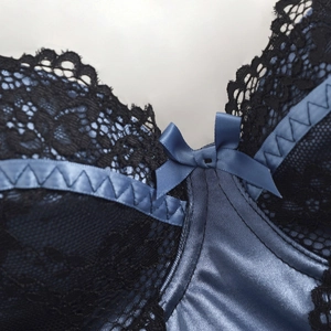 Dark blue satin and black floral lace patchwork camisole top with bow detail