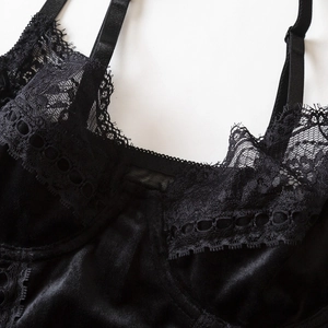 Sexy black velvet bodysuit for women with intricate eyelash lace trim and thin straps
