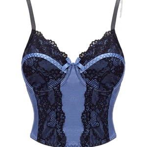 Dark blue satin corset top with black lace trim and adjustable spaghetti straps