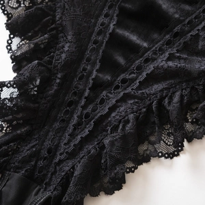 Lace and velvet bodysuit for women with floral embroidery and openwork trim details
