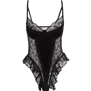 Sexy black lace and velvet lingerie bodysuit with floral patterns and ruffled edges