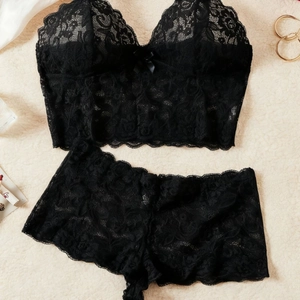 Lingerie Sexy Grande Taille pour Femmes Top Et Bottom Dentelle Florale Noire Transparente avec Nœud Camisole Culotte
