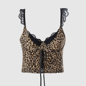 Women Y2K Velvet Leopard Zebra Print Corset Cami Top Lace Trim Lace-up Sexy V-neck Camisole With Cross Pendant