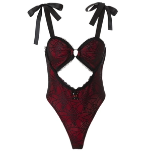 Gothic red and black spiderweb lace bodysuit with cutout and skull detail