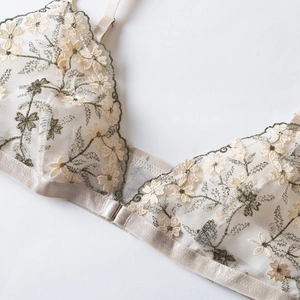 French floral embroidery mesh bra set with front closure and delicate lace details