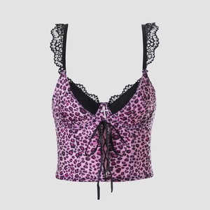 Pink leopard print Y2K corset top with black lace trim and front lace-up detail