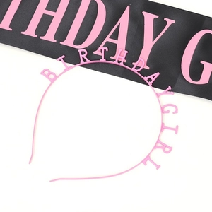 Pink Birthday Girl headband with black satin birthday queen sash accessory details