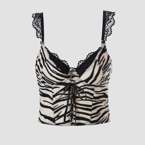 Y2K zebra print corset top with black lace trim and ribbon tie with cross pendant