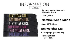 Detail view of colorful Birthday Girl satin sash with dimensions and material specs
