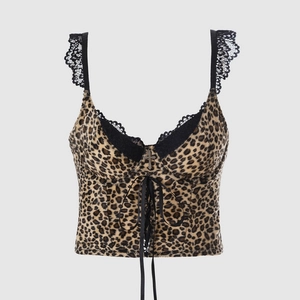 Y2K velvet leopard print camisole with black lace trim and cross pendant