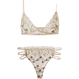 French floral embroidery lingerie set with mesh triangle bra and cutout thong in champagne