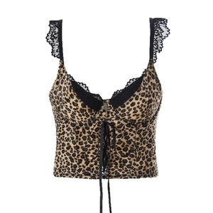 Y2K leopard print velvet camisole with lace trim, metal cross and lace-up detail
