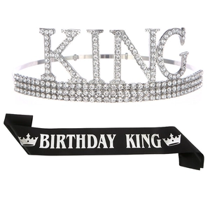 Ensemble couronne KING en strass argentés et écharpe en satin noir BIRTHDAY KING