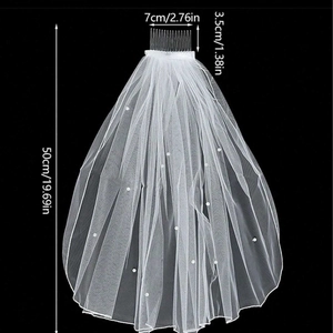 Short white bridal veil with pearls and hair comb measuring 50cm in length for weddings