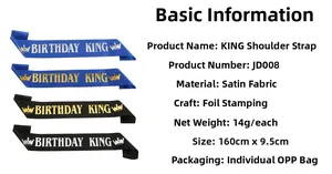 Detail showing Birthday King satin sash with gold foil print specifications and dimensions