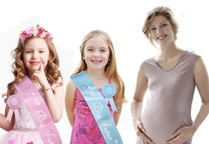 Pink and blue Big Sister sash and badge set for baby shower party celebrations
