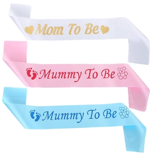 Three satin sashes in white, pink and blue with Mommy To Be gold print and cute patterns