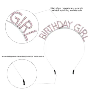 Detail of BIRTHDAY GIRL headband showing sparkling pink rhinestones and silver metal finish