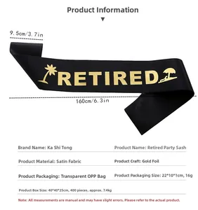 Detail of black satin retirement sash with gold foil lettering and size specifications