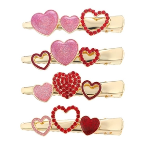 Set di 4 fermagli per capelli a cuore rosa glitter e strass su base in metallo dorato lucido