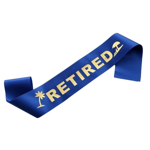 Dark blue satin retired sash with gold foil lettering and beach palm tree graphics