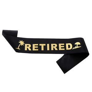 Elegant black satin Retired sash with gold foil lettering and palm tree motifs for party use