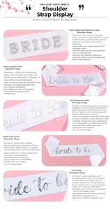 Detail of five white satin bridal sashes with pearl and silver glitter Bride lettering
