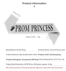 Silver glitter Prom Princess sash detail with black font, dimensions 160x9.5cm
