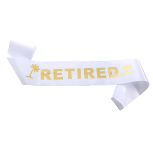 White satin retired sash with gold foil lettering and palm tree designs for parties