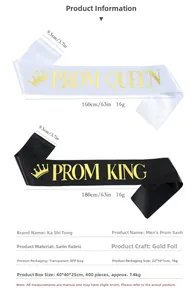 Close-up of PROM KING and QUEEN sashes made of satin fabric with gold foil lettering