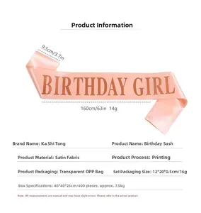 Detailed dimensions of rose gold Birthday Girl sash made of satin fabric for parties