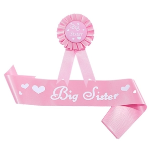 Pink Big Sister baby shower set featuring a satin sash and a matching rosette badge