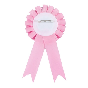 Detailed back view of a pink satin rosette badge featuring a secure white safety pin attachment