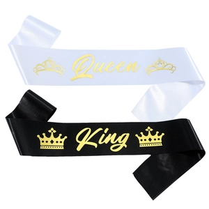 Satin King and Queen party sashes set with gold foil print for party decorations