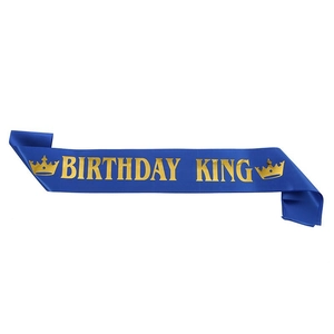 Blue satin Birthday King sash with gold foil lettering and crown for men's party