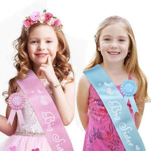 Big Sister Satin Sash And Rosette Badge Set For Baby Shower Birthday Party Decoration Pink Lake Blue Fabric Ribbon Heart