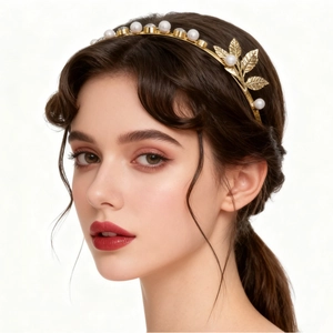 Elegant gold leaf headband with white pearls and rhinestones in a Greek laurel wreath style