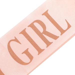 Pale pink satin Birthday Girl sash with elegant rose gold glitter lettering for party