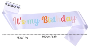 Lavender satin sash with colorful It's my Birthday text and 160cm x 9.5cm size details