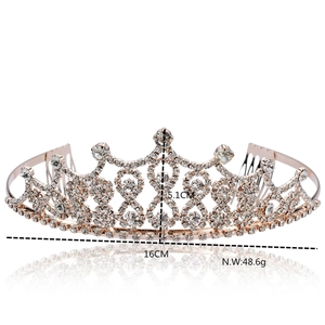 Elegant rose gold bridal crown with white crystals and built-in hair combs for wedding