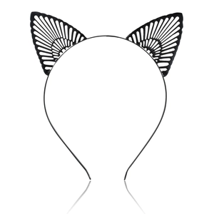 Elegant black metal cat ear headband with intricate hollow filigree pattern for women