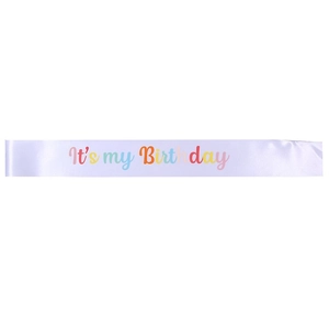 Rainbow 'It's my Birthday' lettering on a premium satin party sash for girls