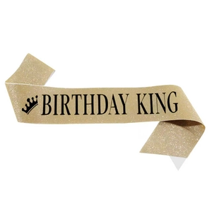Sparkling gold Birthday King sash with black crown print for celebration party events