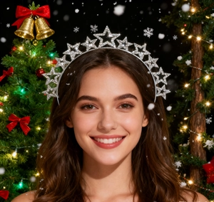 Close-up of a silver glitter star halo headband for Christmas and New Year festive outfits