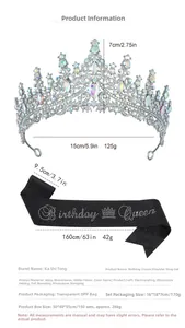 Silver crystal birthday crown with Birthday Queen glitter sash and detailed dimensions