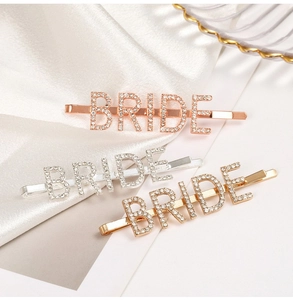 Three elegant BRIDE letter hairpins in gold, silver and rose gold with rhinestones