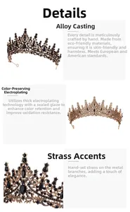 Detail of eco-friendly alloy tiara with black rhinestones and oxidation-resistant plating
