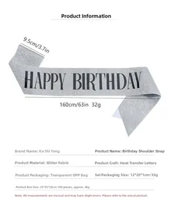 Fascia di compleanno glitterata argento con testo nero e misure di 160x9,5 cm