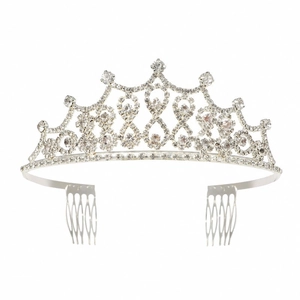 Detailed close-up of a silver crystal tiara showing shiny rhinestones and side hair combs