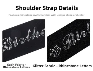 Detail view of satin and glitter birthday queen sashes with sparkling rhinestone lettering